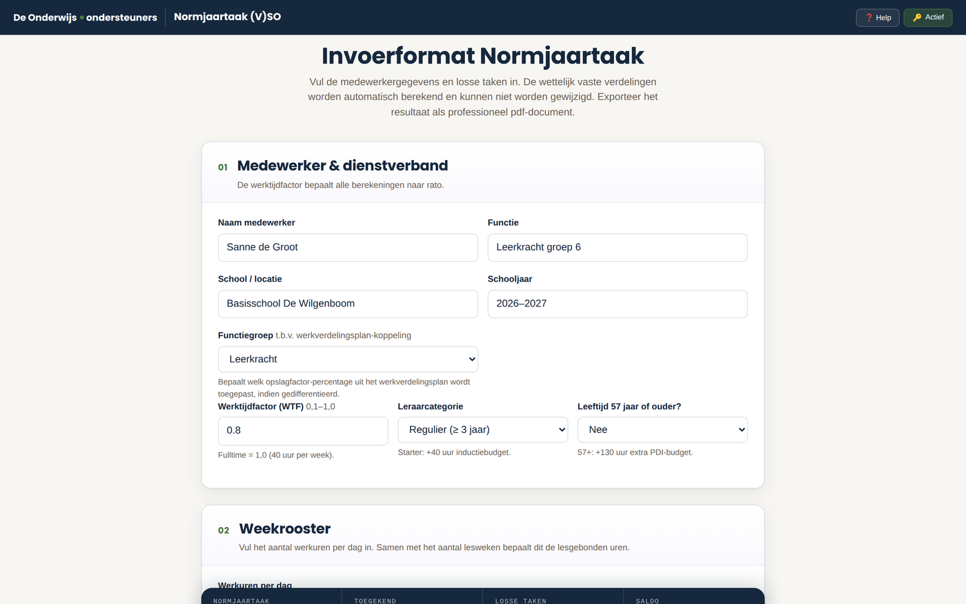 Schermafbeelding van Normjaartaken